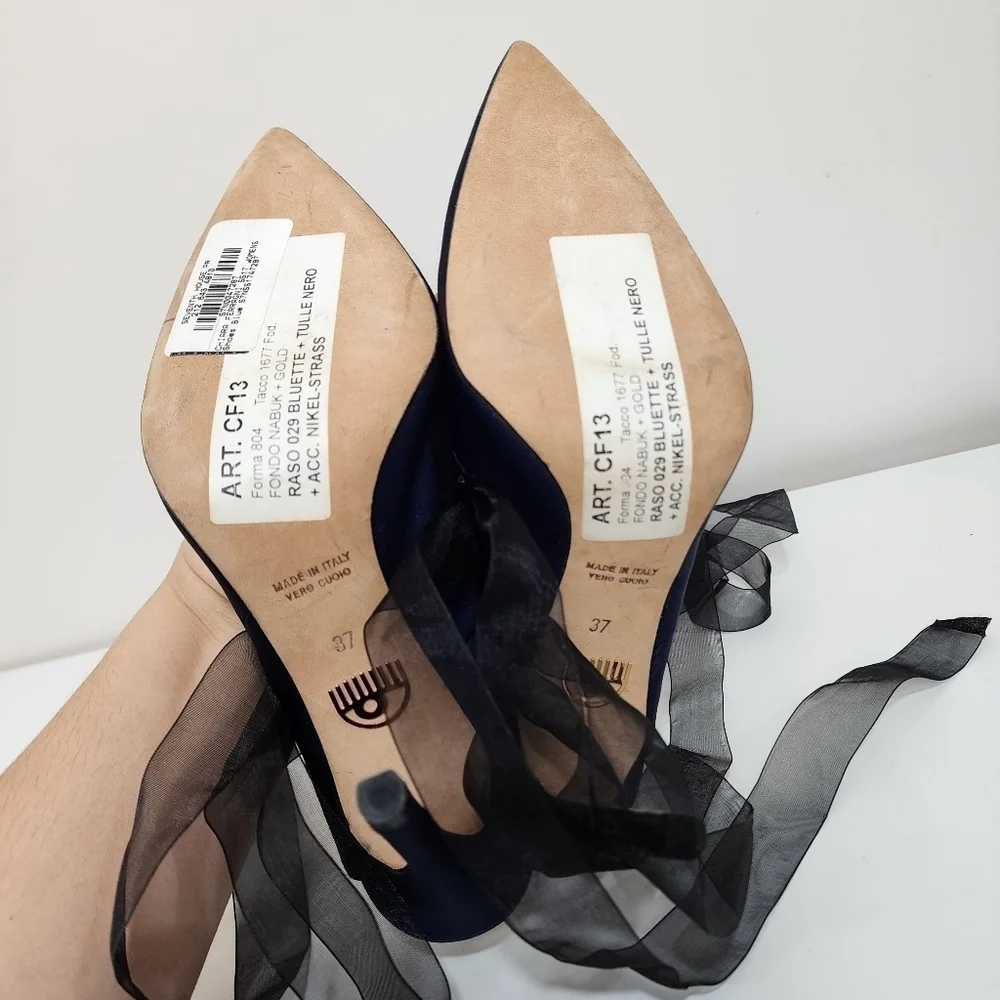 Chiara Ferragni blue satin heels with tulle bow, size 37, nwt